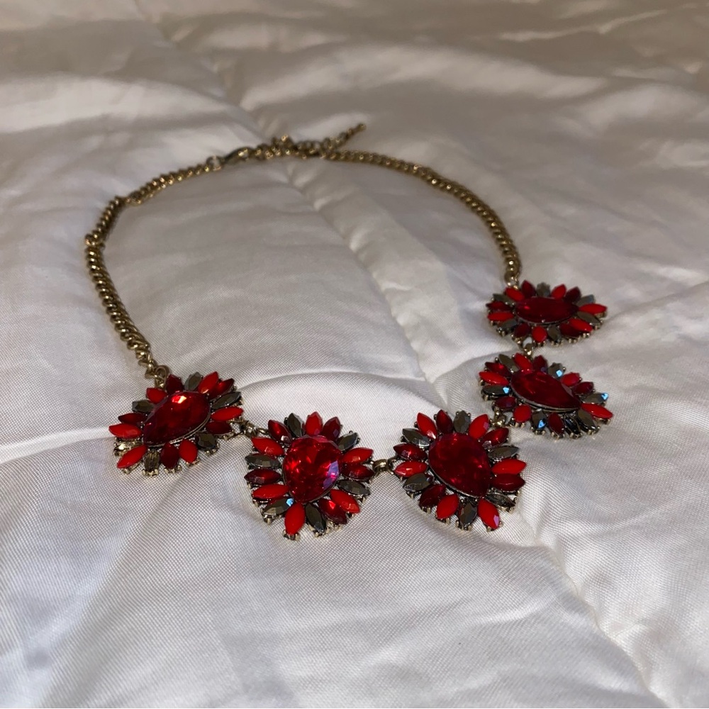 Silver and Red Gems with Gold Adjustable Chain Statement Necklace